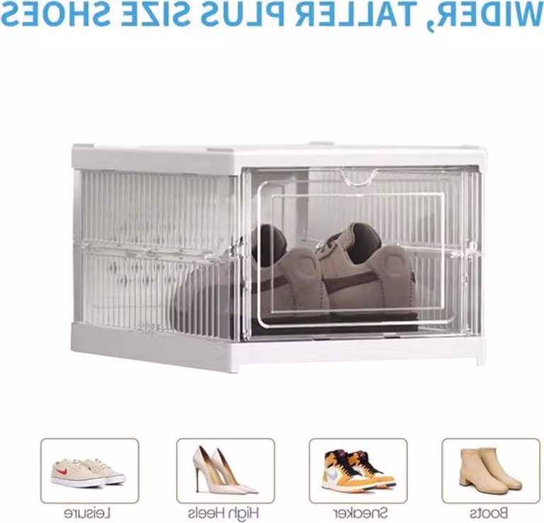 Scatola per scarpe pieghevole e trasparente, impilabile e salvaspazio, realizzata in plastica, adatta per scarpe sportive fino alla taglia 46. Facile da installare, ideale per