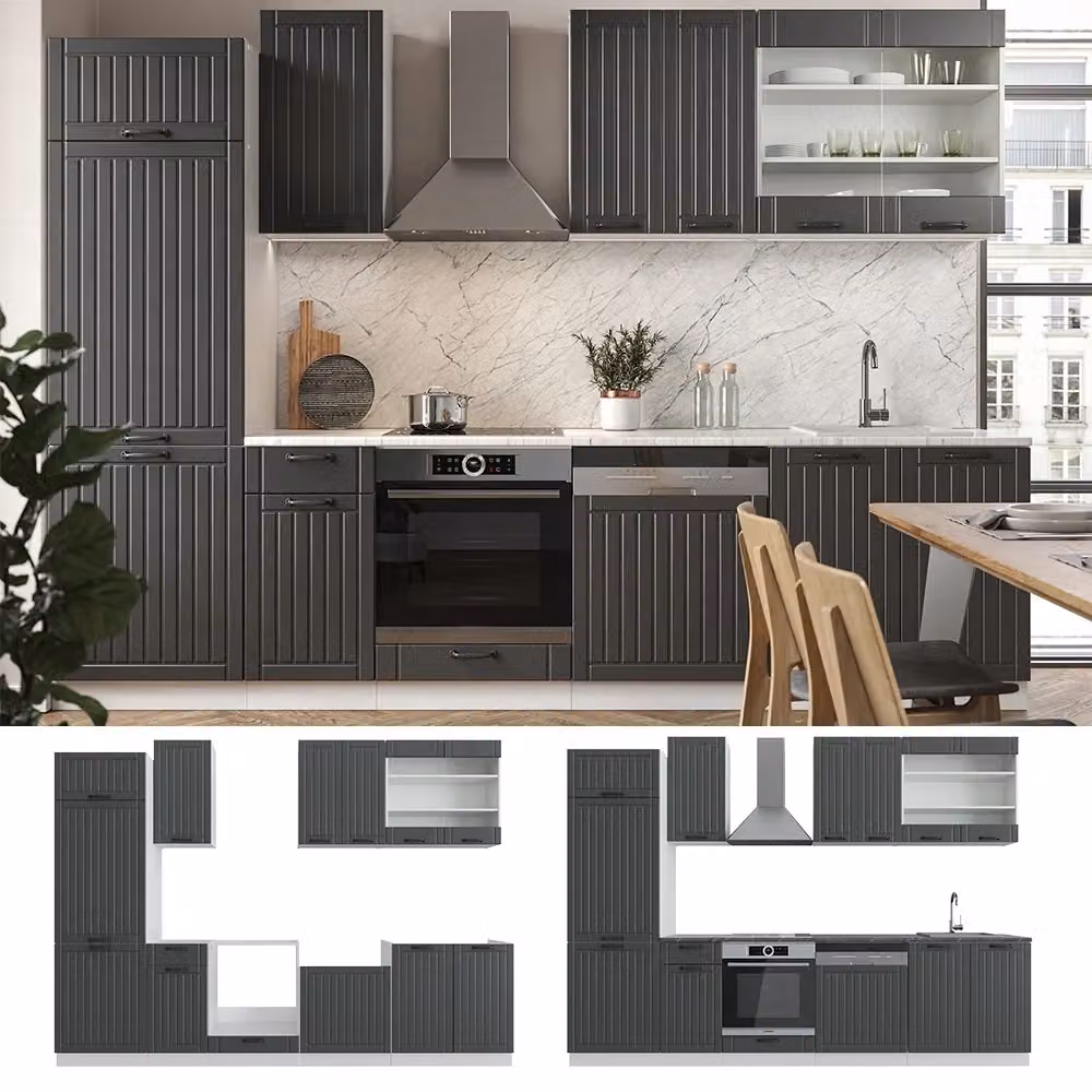 Cucina componibile Fame-Line Vicco in stile rustico, colore Antracite e Bianco con dettagli Rovere, L: 300 cm, H: 206,8 cm, P: 60 cm – 2