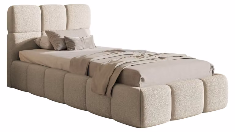 Selsey Cloudy – Letto imbottito 90x200 cm, contenitore e rete a doghe, bouclé beige chiaro
