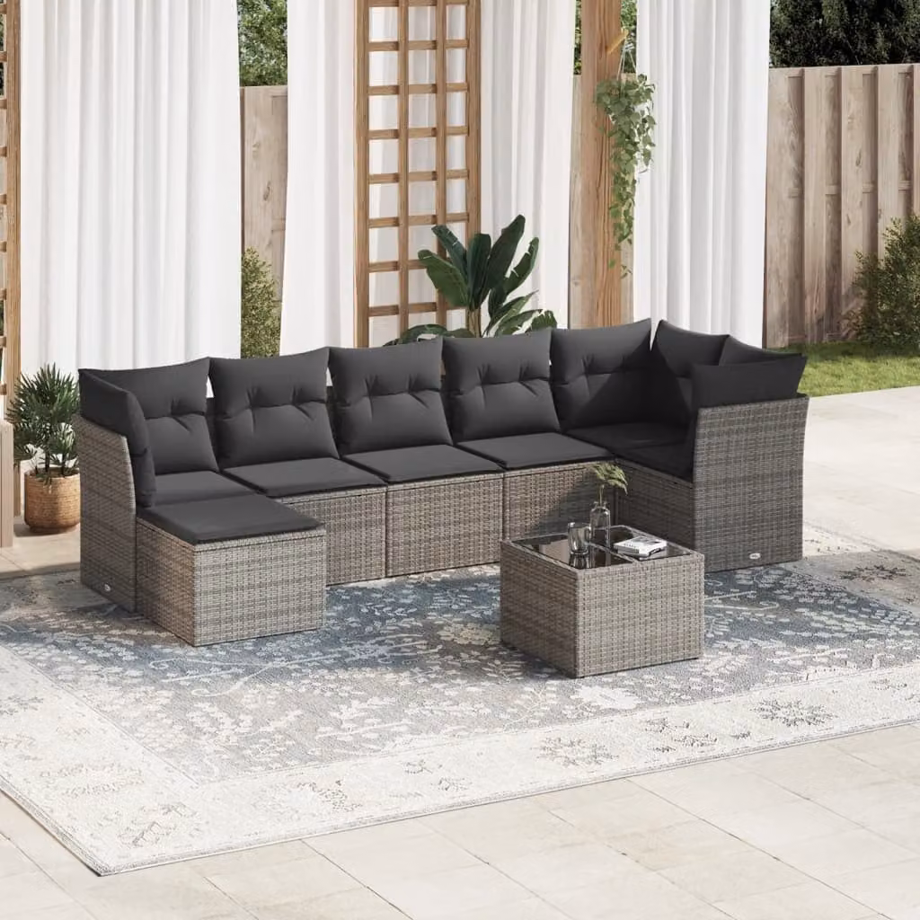 vidaXL Set Divano da Giardino 8 pz a Forma di L in Polyrattan Grigio con Cuscini e Tavolino – 1
