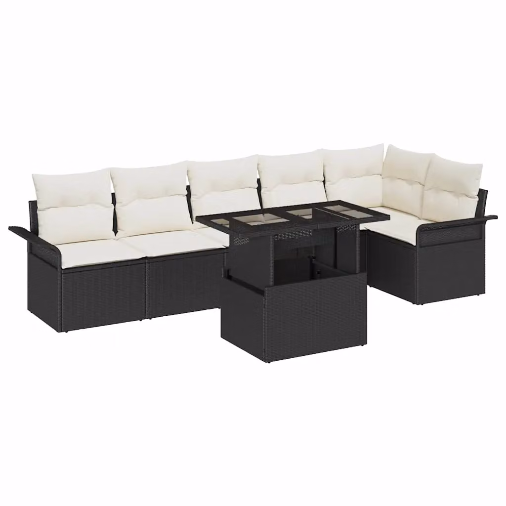 Set Divano da Giardino vidaXL 7 Pezzi in Polyrattan Nero con Cuscini Beige e Tavolino in Vetro – 1