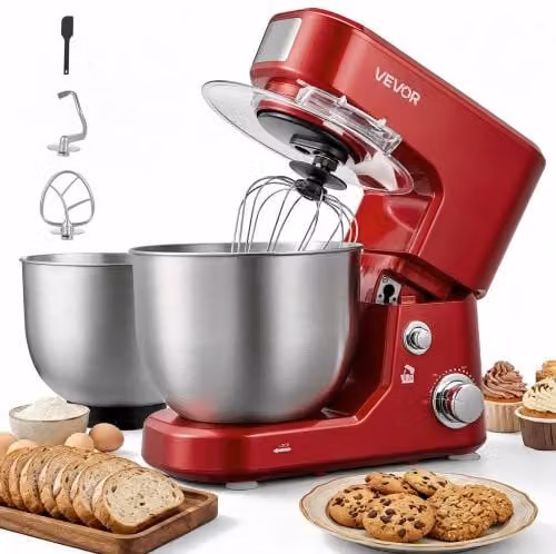 Impastatrice Planetaria da Banco VEVOR Rosso con Ciotola in Acciaio Inox 304 da 5L, 1000W e 3 Velocità con Testa Inclinabile, Paraspruzzi, Gancio, Frusta e Sbattitore