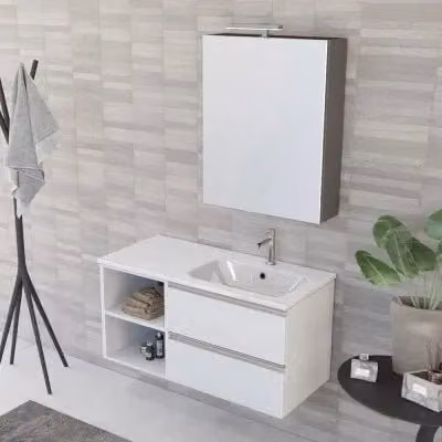 Mobile bagno sospeso Master INBAGNO bianco opaco con lavabo a destra e specchio contenitore L: 101 cm, P: 46 cm, H: 75 cm