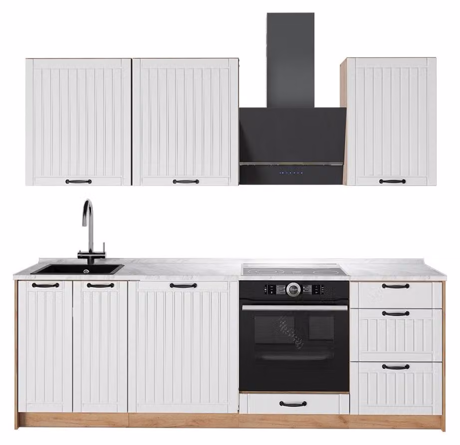 Cucina componibile Vicco Fame-Line Bianco rustico/Rovere dorato 230 cm, PL Marmo, Model 64003