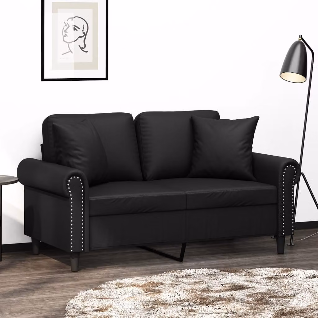 vidaXL Divano a 2 Posti Moderno in Similpelle Nera con Cuscini e Struttura in Metallo L: 152 cm, P: 80 cm, H: 77 cm – 1