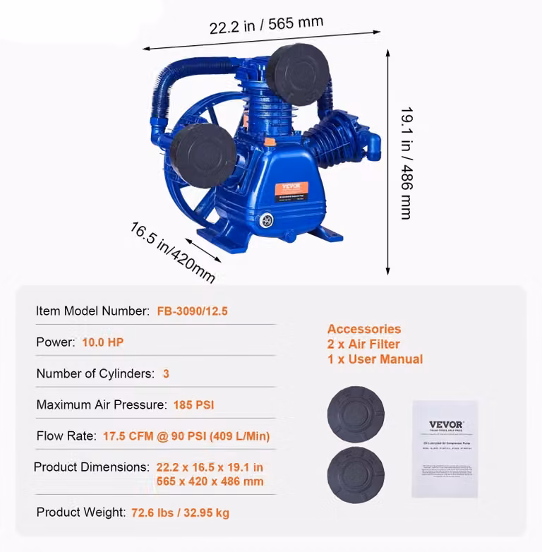 Compressore Pompkop - Testata del compressore - Pompa a 3 cilindri - Motore da 10 cavalli - Pressione di esercizio: 185 PSI