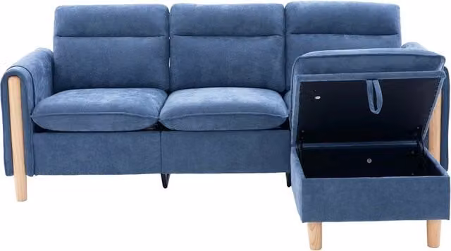 Divano a 3 posti in stile nordico con pouf contenitore, divano angolare in tessuto blu con tasche laterali e gambe in legno, 201x77x86 cm