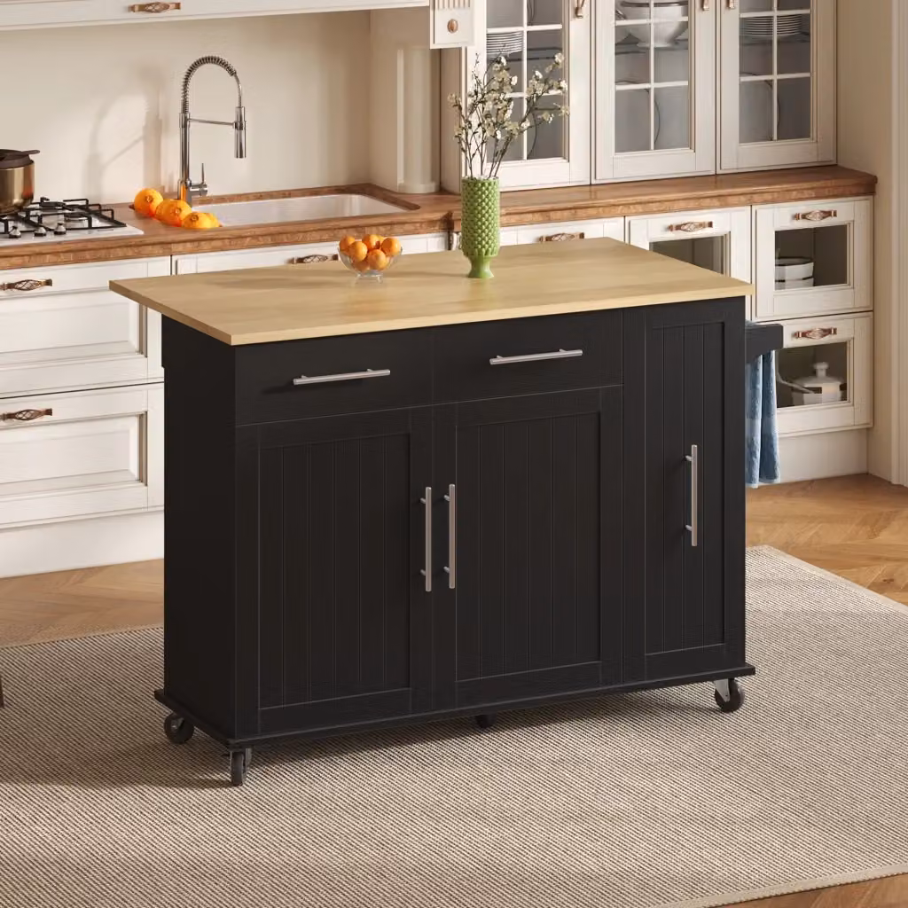 Carrello da cucina moderno nero con organizer estraibile a 3 livelli, piano a ribalta e ripiani interni in MDF, L: 120 cm, P: 40 cm, H: 90 cm – 2