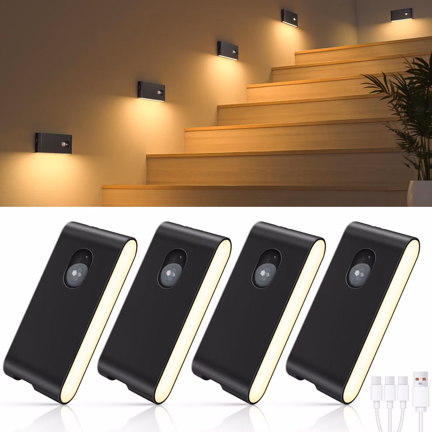 Sensore di movimento per luci di sicurezza, lampada notturna ricaricabile, luce LED wireless (confezione da 4 pezzi)