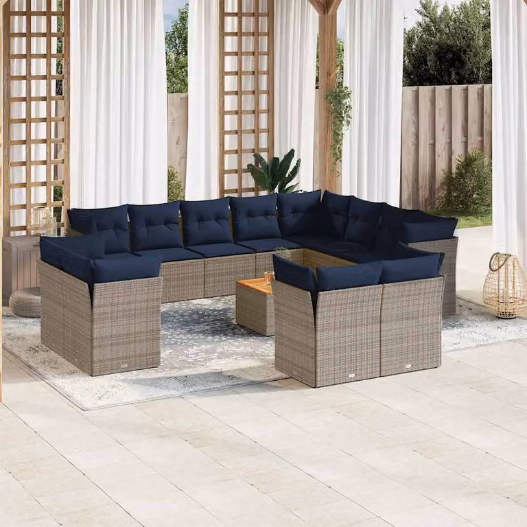 vidaXL Set Divani da Giardino 13 pz in Polyrattan con Cuscini Grigio e Blu con Tavolino da Caffè e Struttura in Legno di Acacia