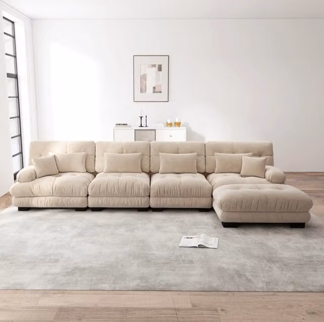 Divano modulare 406x145x81 cm in ciniglia con pouf mobili; marrone chiaro