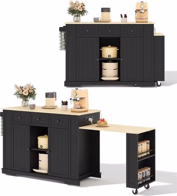Isola cucina con tavolo estraibile; 138-213 x 55 x 93 cm; MDF nero e naturale