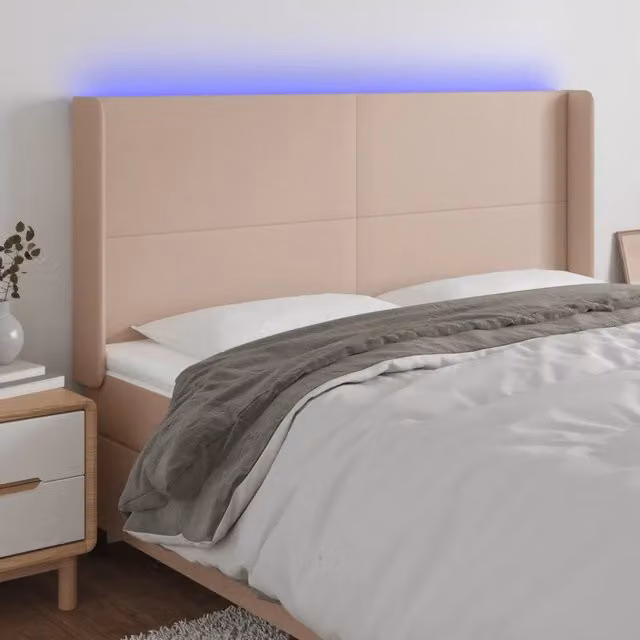 Testiera con LED Design Mania in similpelle color beige con porta USB, L: 203 cm, P: 16 cm, H: 118-128 cm – 1