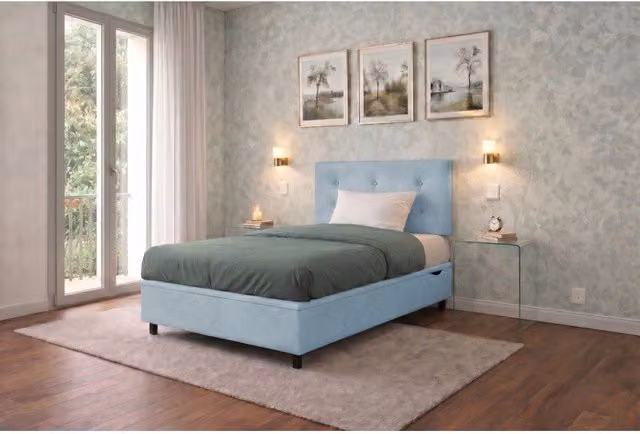 Letto imbottito Piazza e mezzo 120x200 cm Button - Contenitore,Microfibra,Azzurro