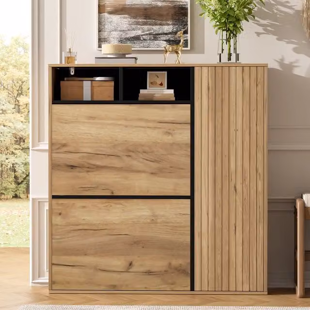 Scarpiera salvaspazio con 2 ante a ribalta e porta laterale 90x24x94 cm; naturale e nero