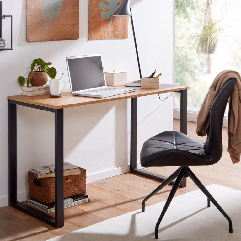 FineBuy Scrivania effetto rovere / nero 120x60x76 cm Scrivania da computer di design per l'home office, scrivania da ufficio compatta e luminosa, tavolino per laptop, scrivania da studio con gambe in metallo