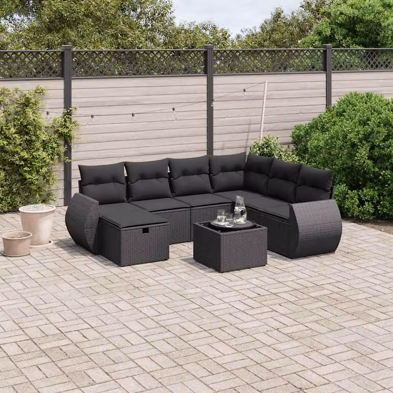 vidaXL Set Divani da Giardino a L con Cuscini 8 pz Nero in Polyrattan e Metallo