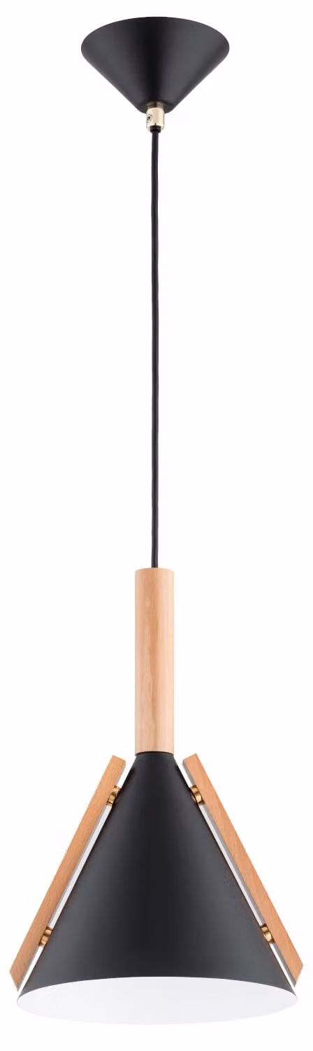 Lampada a sospensione a cono FORTEL nera 1xE27x15W in legno, dimensioni: 75x23x23 cm, IP20, Alfa