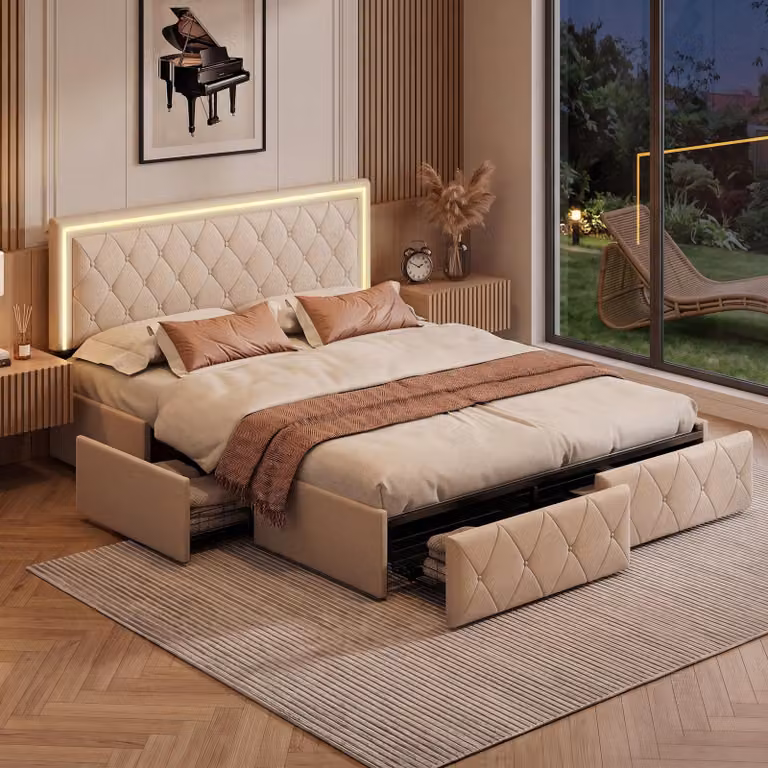 Letto imbottito UnboxG, 160x200 cm, con LED, 4 cassetti e poggiatesta regolabile in altezza, rivestito in ecopelle, rete a doghe, colore beige