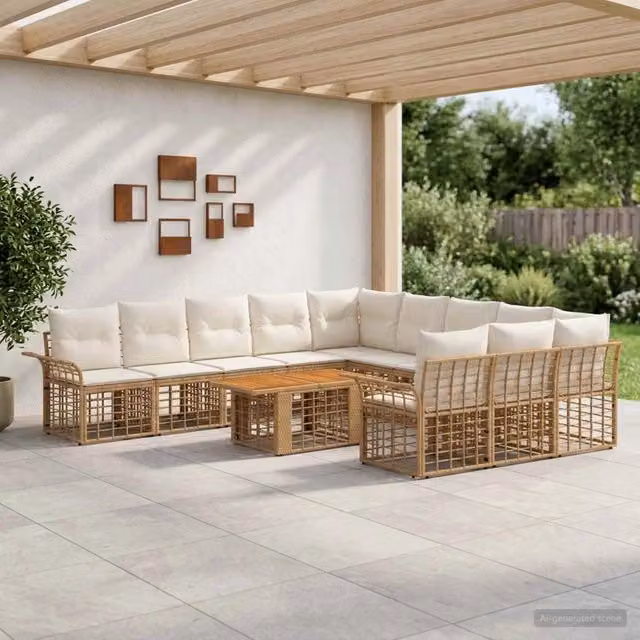 Set Divano da Giardino 12 pz Naturale e Bianco Crema polyrattan 3438022