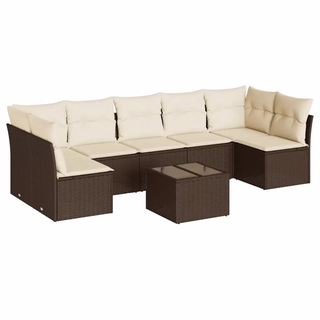 vidaXL Set Divani da Giardino 8 pz a Forma a L con Cuscini Marrone e Bianco in Polyrattan e Tavolino da Esterno – 2