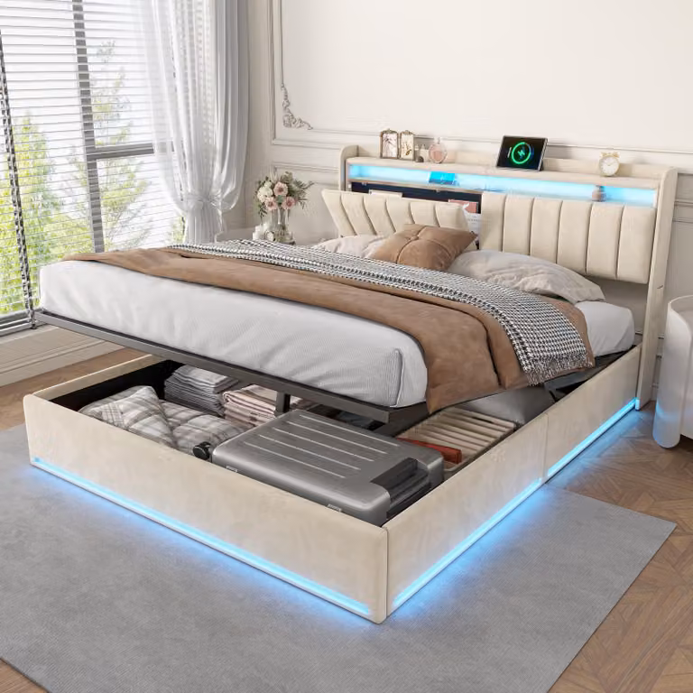 Letto imbottito Moonbite, 140 x 200 cm, in velluto, con luci LED e stazione di ricarica USB. Letto con vani portaoggetti integrati nella testiera, adatto sia per una persona che per due. Colore: beige