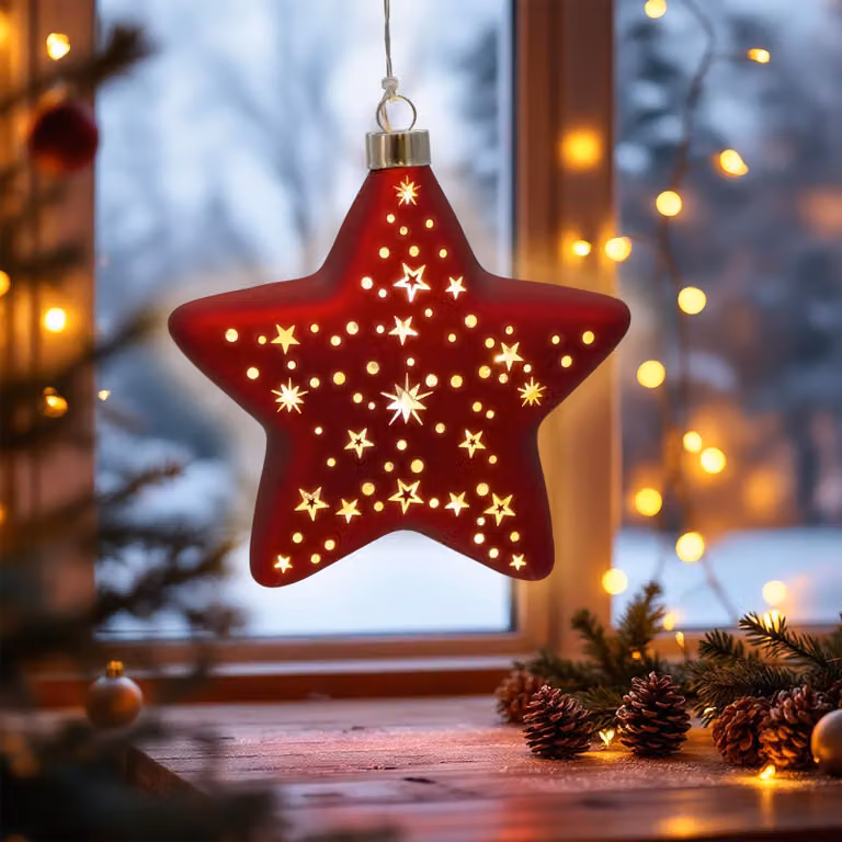 Stella di Natale in vetro rossa da appendere con 10 LED illuminati - 15 cm - Stella decorativa luminosa bianco caldo a batteria