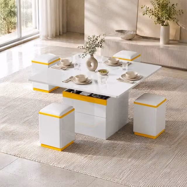 Tavolino da caffè sollevabile e pieghevole 100x50x43 cm con 4 sgabelli; MDF; bianco e giallo