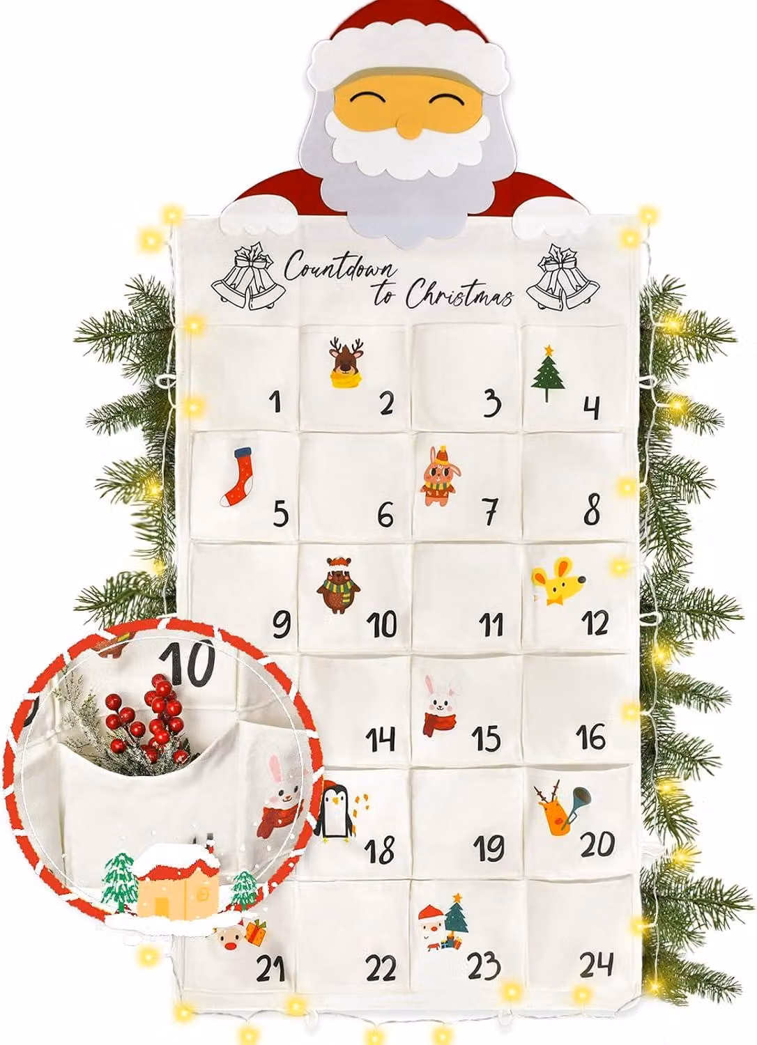 Calendario dell'Avvento da riempire - Con catena luminosa - Calendario per il conto alla rovescia da appendere - Sacchetti regalo - Set di arazzi riutilizzabili