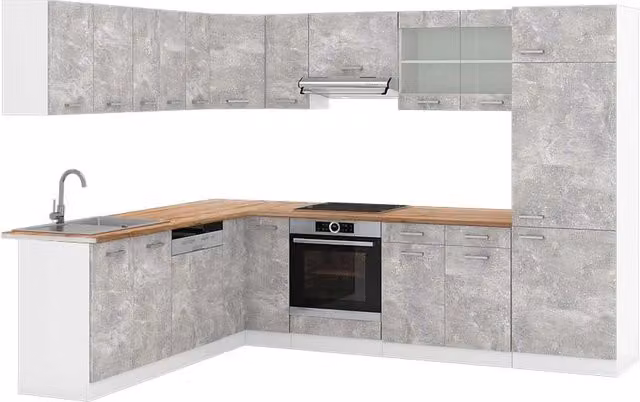 Cucina angolare moderna Vicco R-Line in finitura Calcestruzzo e Bianco con dettagli Rovere, L: 287 cm, P: 227 cm – 1