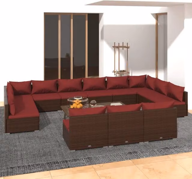 Set di Divani da Giardino a Forma di U vidaXL in Polyrattan Marrone e Rosso con Cuscini e Coperture Rimovibili
