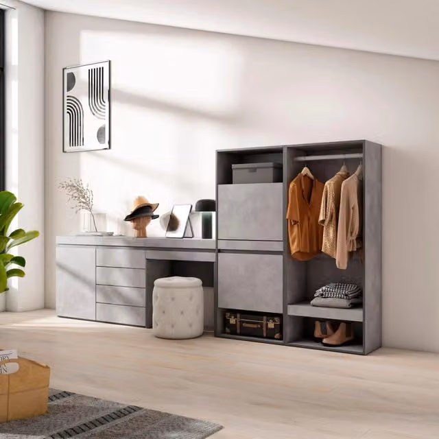 Scarpiera, 297x35x145cm, Camera da letto, Armadio Aperto, Cassettiera, Tavolo da toeletta, grigio cemento RF3529