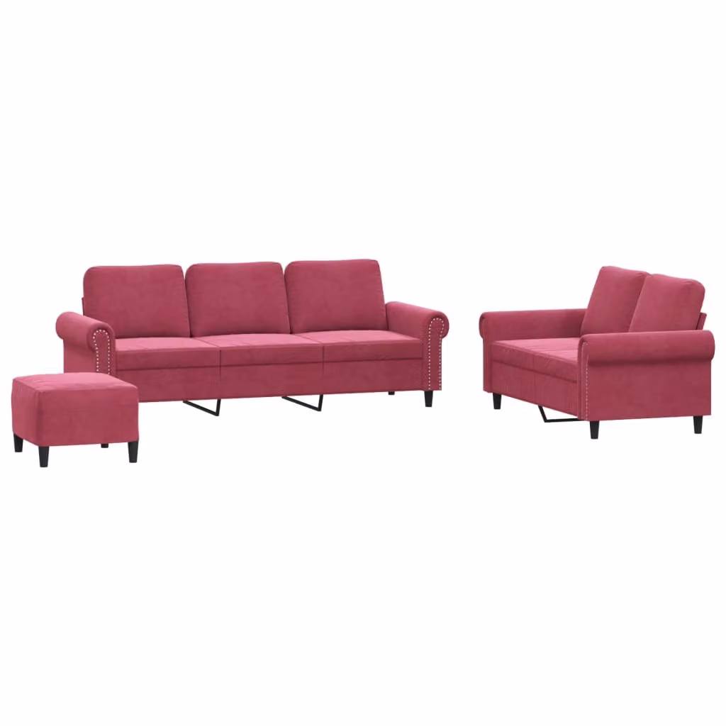 Set di Divani 3 pz con Cuscini Rosso Vino in Velluto