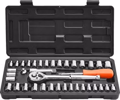 Set di bussole e cricchetti VEVOR da 39 pezzi in acciaio legato CR-V, misure SAE e metriche con custodia, colore argento