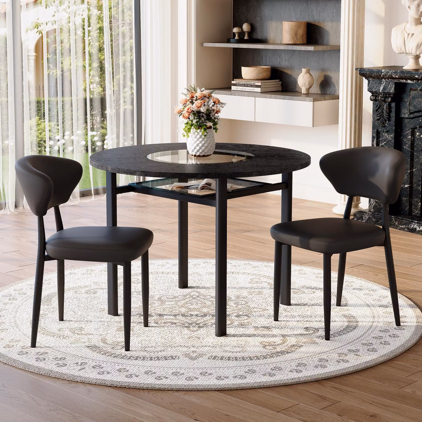 Set tavolo da pranzo rotondo STILVORA con 2 sedie in materialePoliuretanoe schienale confortevole. Tavolo rotondo di 100 cm con finitura effetto legno nero. Set da pranzo per soggiorno, colore nero