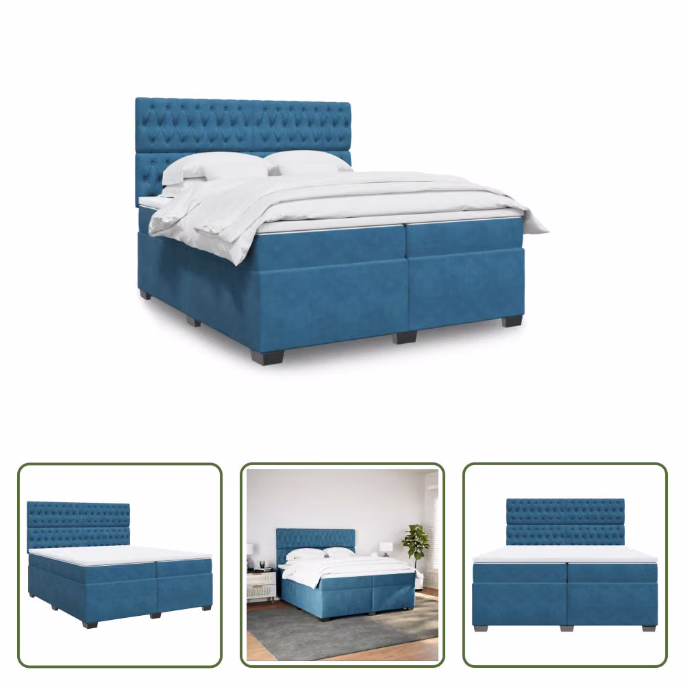 The Living Store Letto a molle con materasso blu 200x200 cm in velluto