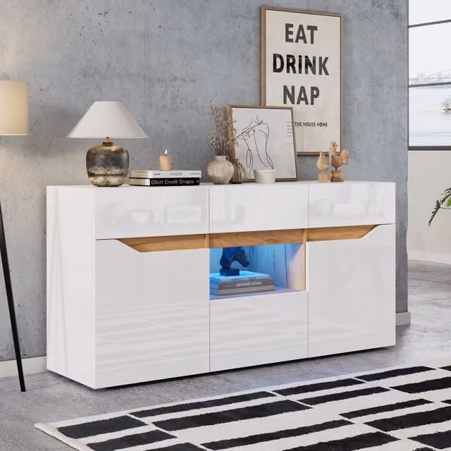 Credenza Vovees Living per soggiorno e sala da pranzo, mobile buffet moderno bianco con finitura lucida e luci LED integrate, L: 140 cm