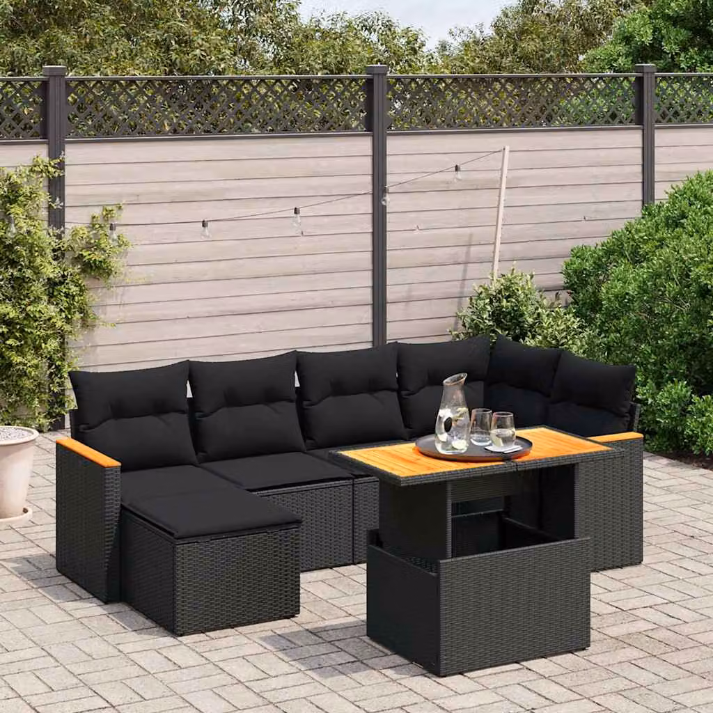 vidaXL Set Divani da Giardino a L con Cuscini 7pz in Polyrattan Nero e Tavolino da Esterno – 1