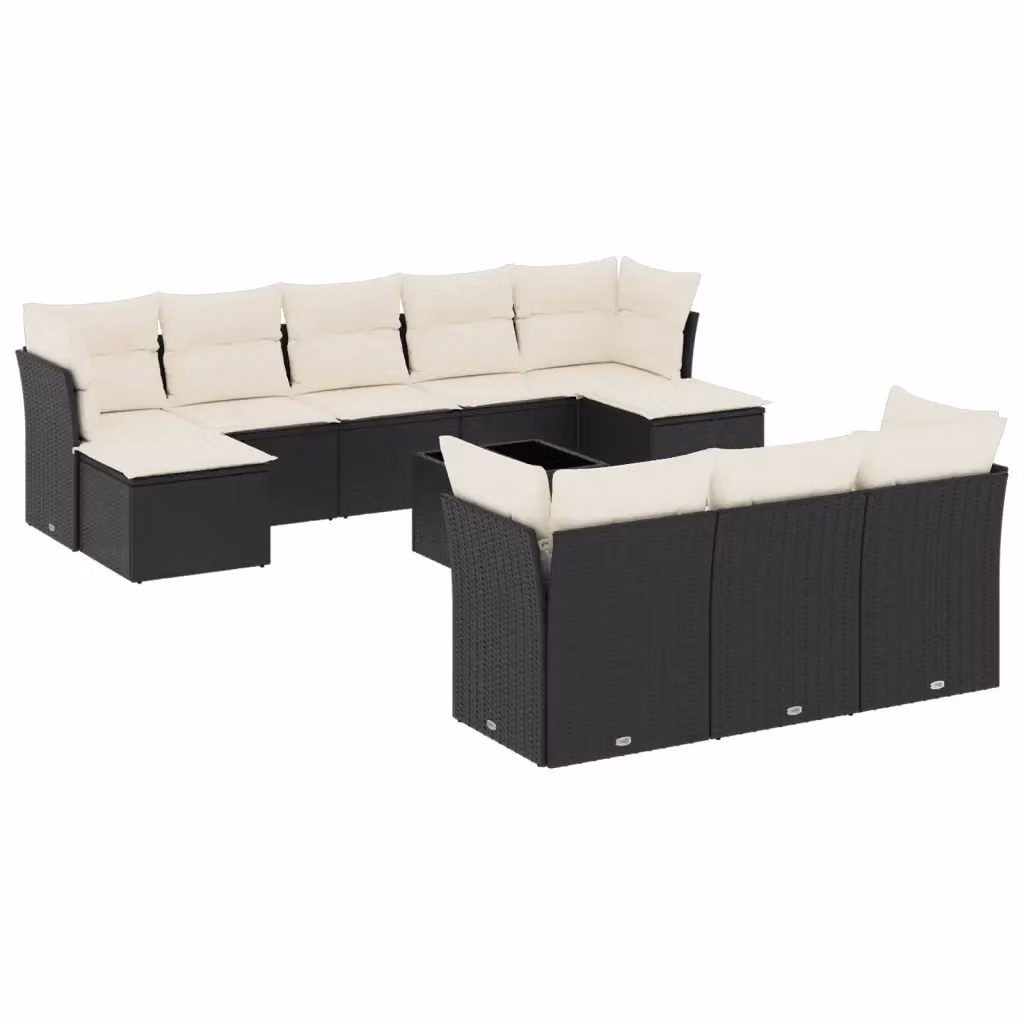 vidaXL Set Divani da Giardino 11 pz a Forma a U con Cuscini e Tavolino, Nero e Bianco – 2