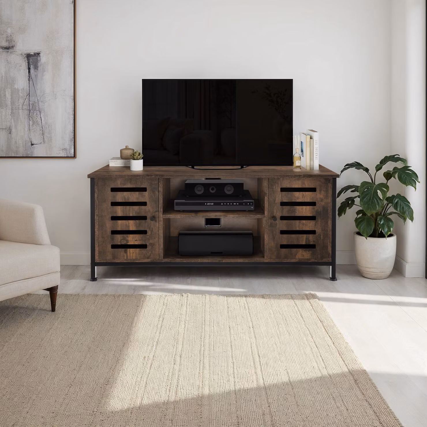 Mobile TV Carlow tectake in stile industriale, marrone e nero, L: 110 cm, P: 41,5 cm, H: 50,5 cm – 1