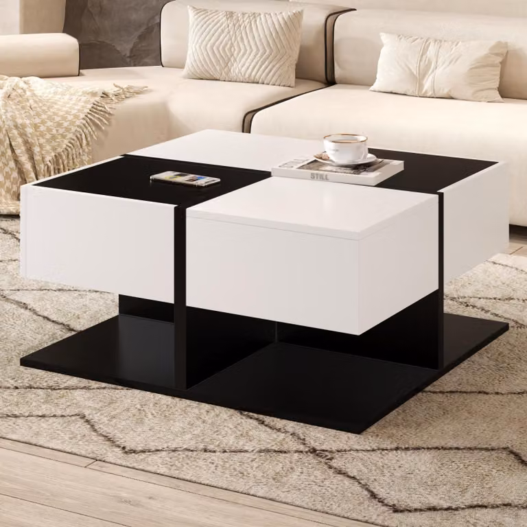 Fortuna Lai Tavolino moderno bianco nero 70x70x35,5 cm - Tavolino da salotto quadrato con 2 cassetti e spazio di archiviazione, tavolino lucido con guide morbide per cassetti