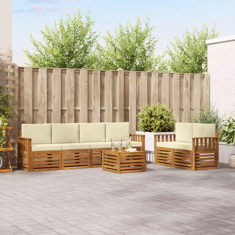 Set di divani da esterno vidaXL 7 pz in legno di acacia con cuscini beige e bianco per giardino e terrazza
