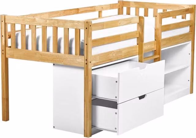 Letto per bambini in marrone chiaro UE misura singola 90 x 200 cm con telaio a doghe cassetti e ripiani letto per bambini piccoli