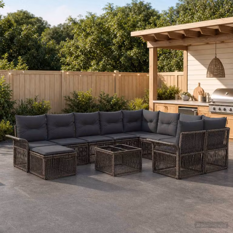 Set Divano da Giardino vidaXL 11 Pezzi in Polyrattan Grigio con Cuscini e Tavolino