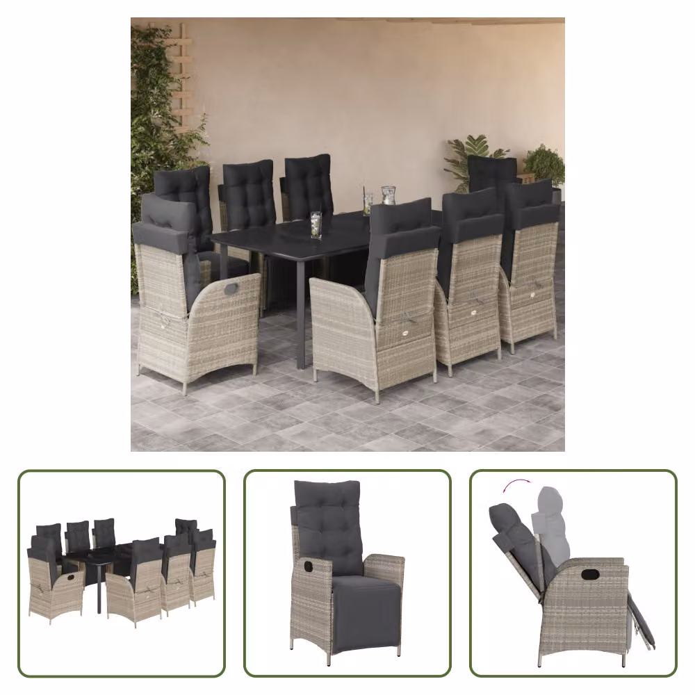 The Living Store Set da pranzo da giardino 9 pezzi con cuscini in poly rattan grigio chiaro