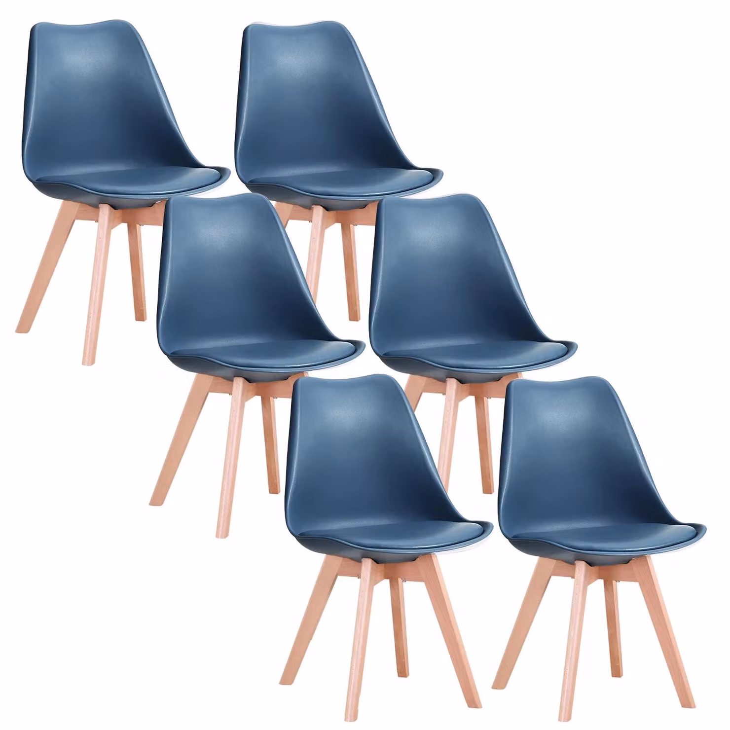 Set di 6 sedie da pranzo - Sedia - Design scandinavo moderno - Seduta in plastica - Gambe in legno di faggio - Adatte per cucina, sala da pranzo, ristorante - Blu scuro