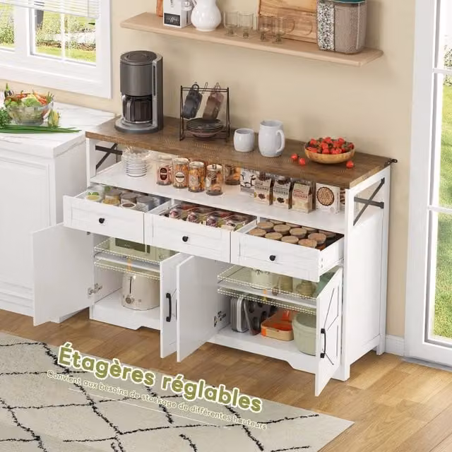 Buffet Credenza 140 cm ¨C MINIMAL ¨C Bianco/Marrone, 3 Cassetti, Ante, Ripiani, Legno