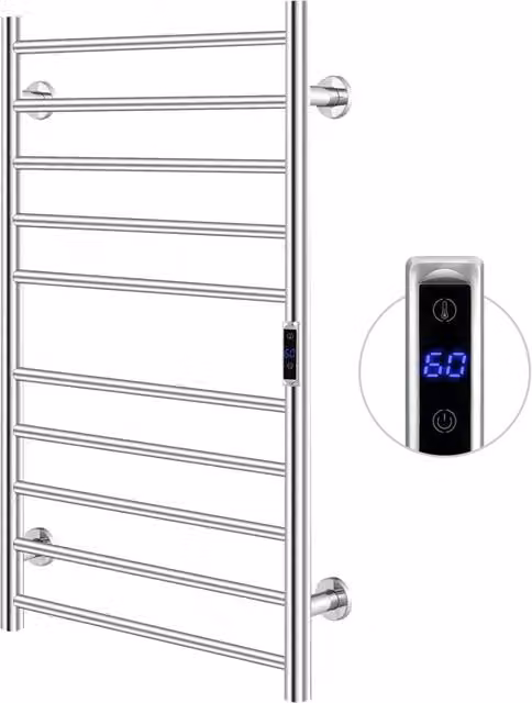 Scaldasalviette Elettrico Costway da 120W con 10 Barre, Timer e Display LCD, Portasciugamani Riscaldato Impermeabile in Acciaio Inox, Argento