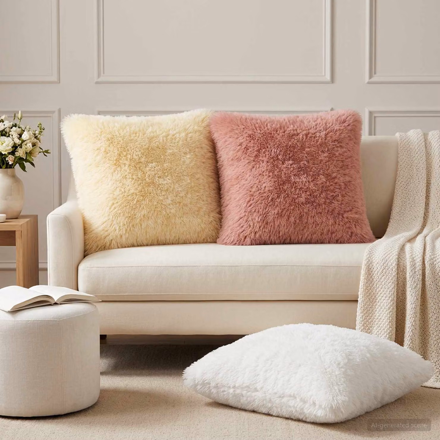 Set di 6 federe vidaXL HEERLEN in pile color crema, L 60 x L 60 cm