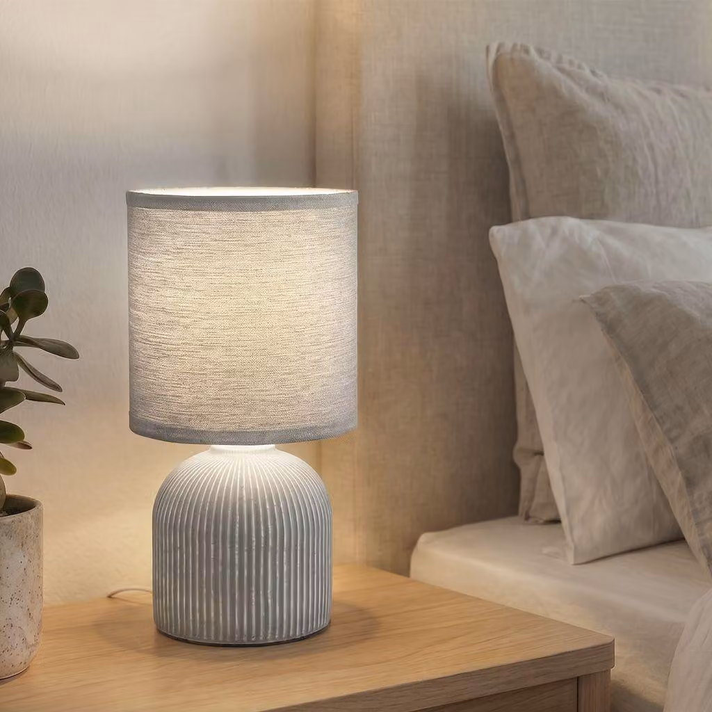 Briloner Ino, lampada da tavolo, paralume in tessuto, interruttore a cavo, base in Vetroceramica, grigio, Ø15 x 28 cm